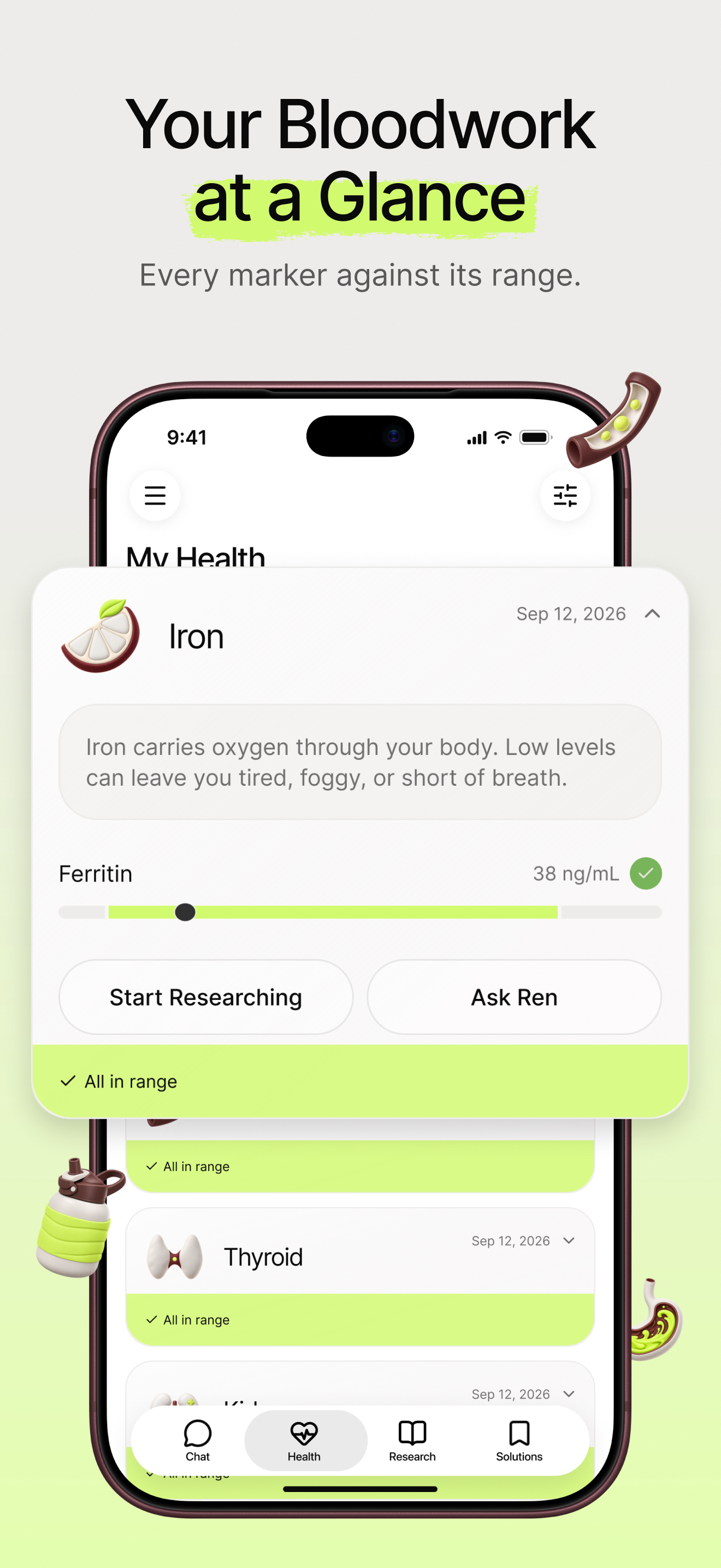 My Health screen showing an iron panel with ferritin at 38 ng/mL, in range.