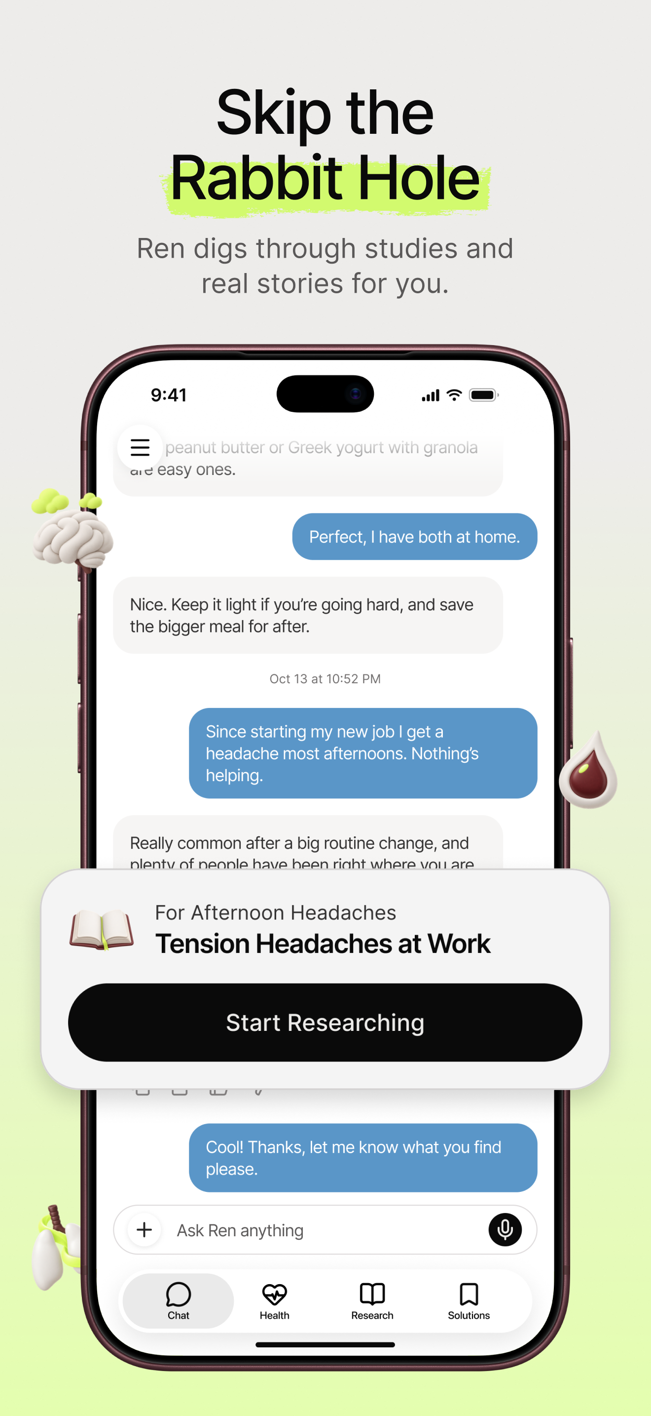 Ren chat about afternoon headaches at a new job, with a Start Researching card for tension headaches at work.